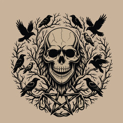 Fototapeta premium Vintage tattoo illustration of a human skull with black ravens on bare tree branches and a pentagram