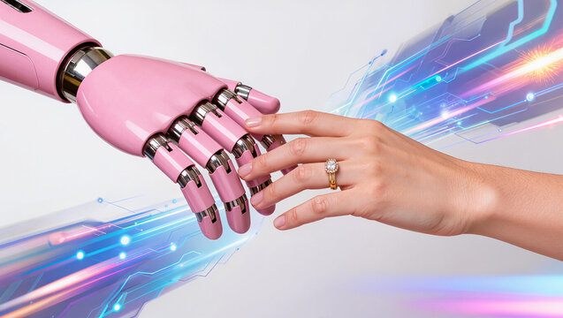 Close up a pink robot hand touching to a woman hand wearing marry ring , technology blue light effect and white background.