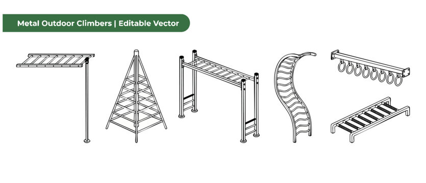 Metal outdoor climbers playground equipment set featuring monkey bars, climbing frame ladder, gymnastic rings, and kids obstacle course structures for recreation, fitness, and active school play vecto