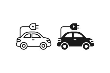 Fototapeta premium Electric car charging icon set. EV automobile with plug line and silhouette symbol. Eco friendly green transport and sustainable energy