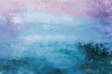 Fototapeta premium Soft pink lavender top merging into teal blue bottom, white scratched lines, speckled dots, aged painted texture, weathered canvas for background overlay use.