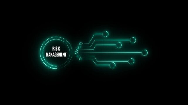Technology concept with glowing neon circuit icons representing innovation, data flow, connectivity, and process optimization on a black background.4k video
