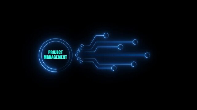 Technology concept with glowing neon circuit icons representing innovation, data flow, connectivity, and process optimization on a black background.4k video