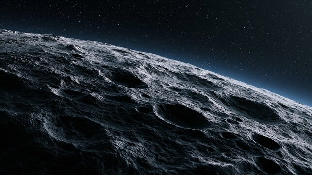 Detailed cratered planetary surface illuminated against the darkness of deep space with a star filled sky