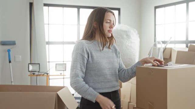 Woman with hand on forehead beside stacked cardboard boxes and smartphone on top of a box in a building during a move; stress.