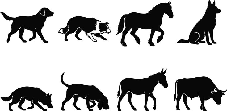 Silhouette Icons of Domestic and Farm Animals Including Dogs, Horses, Donkey, Bull, and Collie