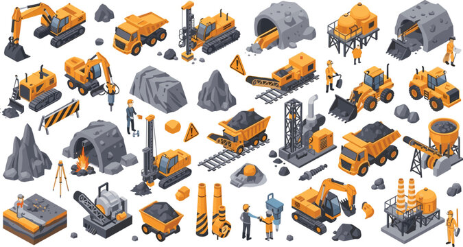 Isometric mining industrial machinery set with heavy trucks excavators workers drills tunnels coal rocks illustration vector