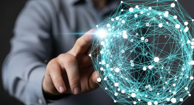 Hand touching glowing futuristic network globe