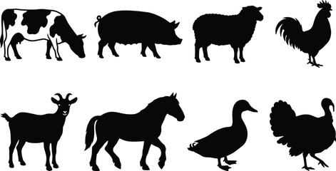 Fototapeta premium Silhouette Icons of Farm Animals Including Cow, Pig, Sheep, Goat, Horse, Duck, Rooster, and Turkey