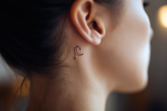 Close-up of a tiny minimalist single-needle tattoo behind an ear, small moon and stars, ultra-fine lines, pale skin