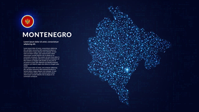 Map of Montenegro. Digital and interconnected country highlighting most important cities.