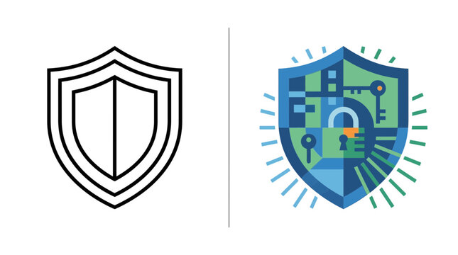 Digital security shield icon and data protection graphic.