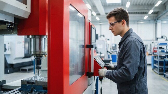 Young Male Technician Operating Precision CNC Milling Machine in a Modern Industrial Factory Environment