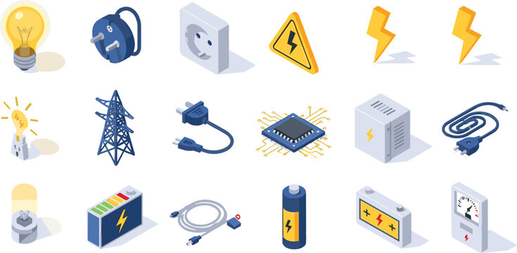  Isometric electricity power energy icon set with lightbulb battery socket plug wire transformer lightning illustration vector