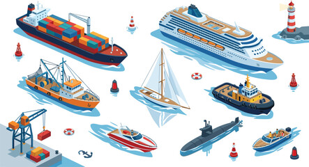 Isometric marine vessels set with cargo ship cruise liner yacht submarine tugboat port elements illustration vector © MdBarat