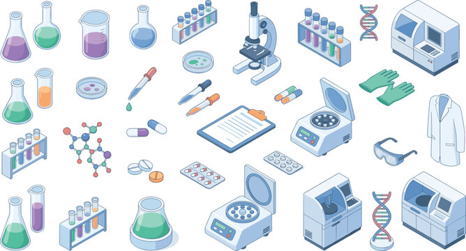 Isometric laboratory equipment set with microscope beakers test tubes centrifuge DNA model medical research illustration vector