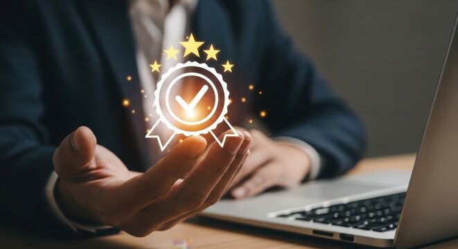 Person receiving digital achievement award over laptop