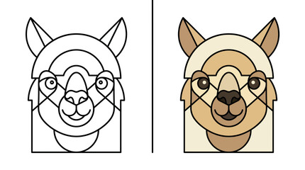 Obraz premium Geometric llama head vector in line and color versions.