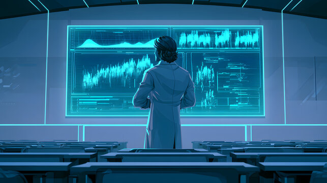 A stock illustration of an electric blue educational AI classroom, featuring a teacher facing a floating dashboard that displays student progress charts and personalized learning paths, with glowing c