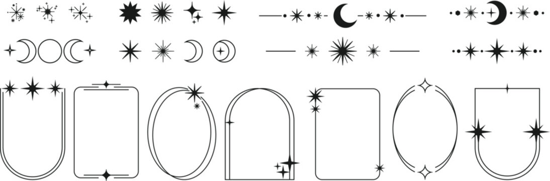 Celestial decorative frame collection featuring elegant moon phases, sparkling stars, radiant sun symbols, mystical botanical accents, oval, arch, rounded, rectangular, and shield-inspired borders arr
