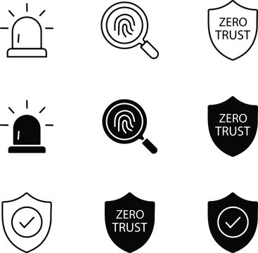 Cybersecurity icon set alarm fingerprint scan and zero trust security concepts