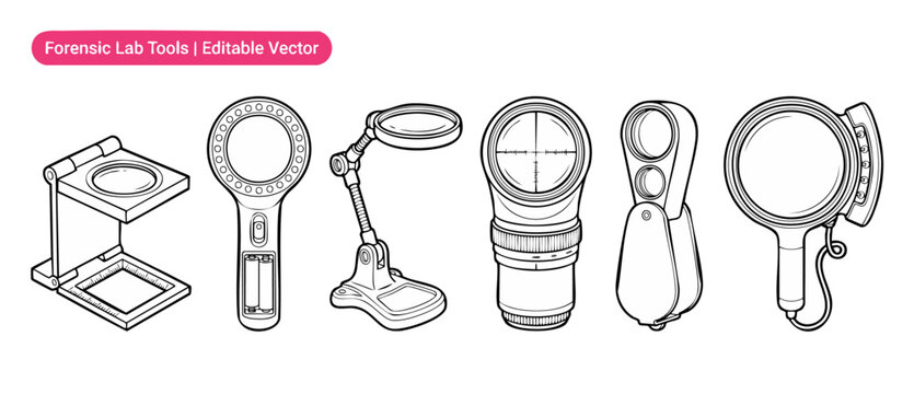 Forensic magnifying glass vector icons set featuring laboratory magnification tools like pocket jeweler loupes, desk magnifying lamps, and optical scale comparator line art for investigator research.