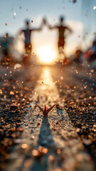 Fototapeta premium Origami crane on a race path, symbolizing hope and journey