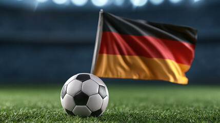 Fototapeta premium Soccer Ball and National Flag on Green Field at Night Stadium