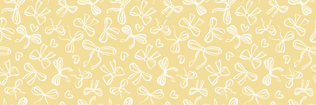 Yellow heart ribbon vector pattern, scattered bows romantic background, hand drawn banner illustration