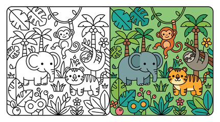 Fototapeta premium Jungle animals scene with elephant line art and color.