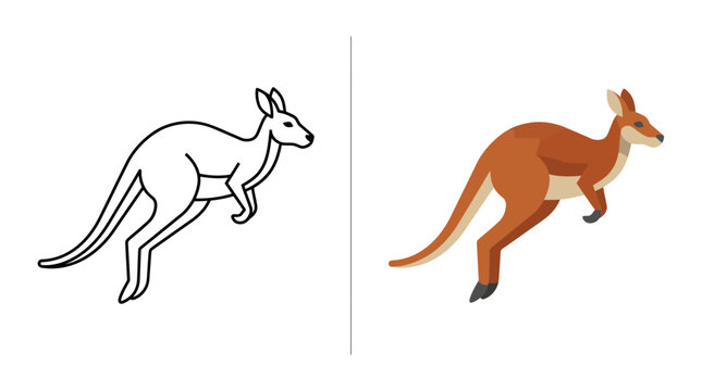 Jumping kangaroo outline and geometric color vector art.