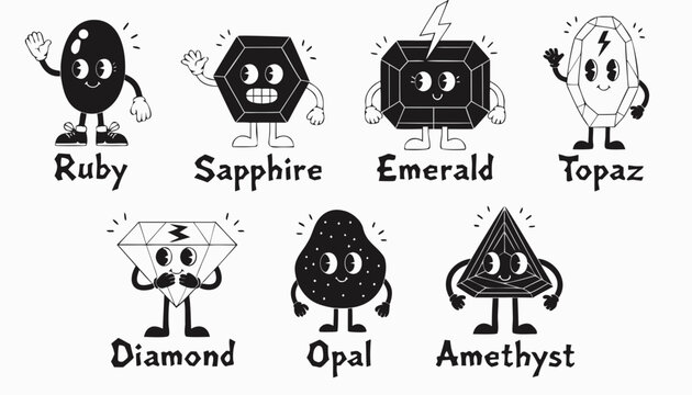 Very beautiful black-and-white cartoon character set featuring ruby, sapphire, emerald, diamond, opal, amethyst, and topaz gems with friendly faces, engraved-style linework, sparkling details, and cha