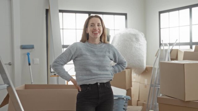Young woman with hand behind head smiling among packed cardboard boxes and bubble wrap in an apartment living space; relief.
