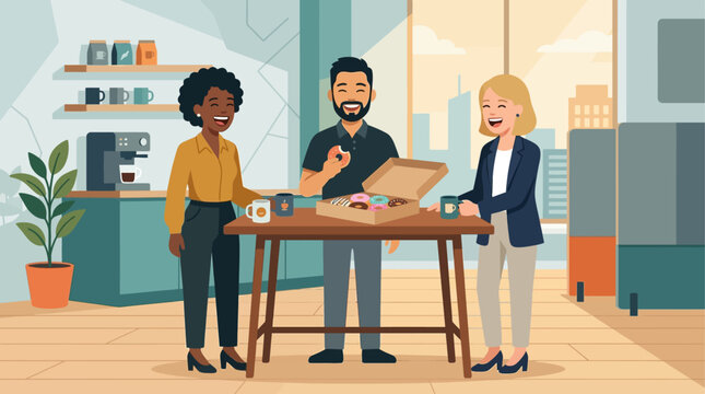 This cheerful flat design illustration depicts a diverse team of colleagues happily sharing donuts and laughter during a casual break in a modern office pantry.