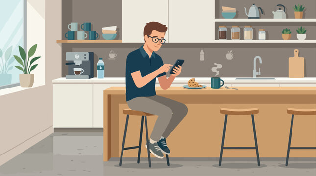 A serene flat design illustration showcasing an employee taking a quiet moment to relax and use their smartphone during a break in a modern office pantry.