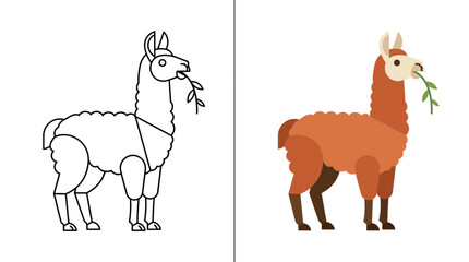 Obraz premium Llama eating leaf geometric line and flat illustration.