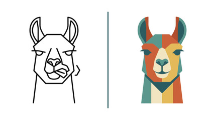 Obraz premium Llama face line art and colorful flat geometric portrait.