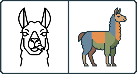 Obraz premium Llama head outline and full-body geometric colorful illustration.