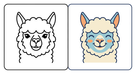 Fototapeta premium Llama face portraits in line art and colorful styles.