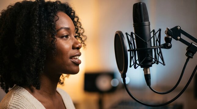 A professional African American woman recording a podcast in a modern studio. Young female vocalist with curly hair singing into a studio microphone passionately.