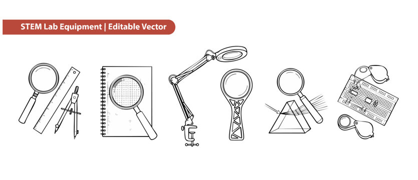 STEM lab equipment vector icons set featuring magnifying glass, ruler, compass, notebook, optical prism, and breadboard for science education, physics experimenting, and engineering school projects.