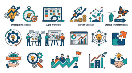 Business Growth Strategy Icons: Innovation, Planning, Startup, Teamwork, Success © Riris