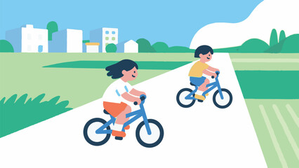 Fototapeta premium Children Riding Bicycles in a Rural Landscape Vector Illustration
