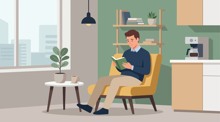 Fototapeta premium This serene flat design illustration portrays a male employee finding a peaceful moment to relax and read a book in a quiet, stylish corner of the office pantry.
