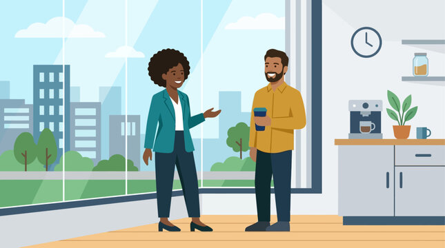 A light and airy flat design illustration depicting two diverse colleagues enjoying a casual conversation by a sunlit window in a modern office pantry.