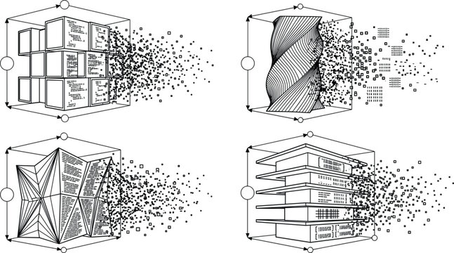 Abstract 3D Geometric Wireframe Model Set with Particle Dispersion Effects and Box Framing for Architectural Cad Software Designs