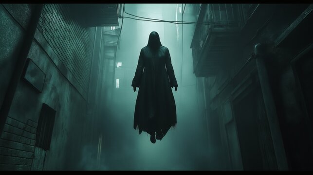 Mysterious Hooded Figure Floating in Dark Alley