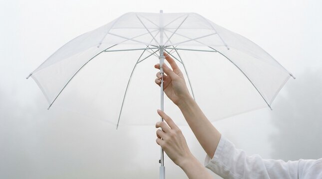 Woman holding clear umbrella on cloudy day