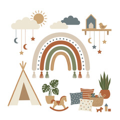 Boho style nursery decor elements with rainbow and teepee © wekaweka