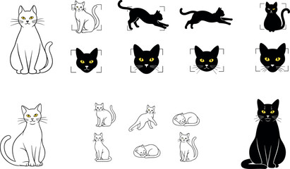 Obraz premium Black and White Cat Silhouette and Line Art Icon Set with Yellow Eyes for Halloween Minimalist Veterinary and Pet Brand Vector Designs